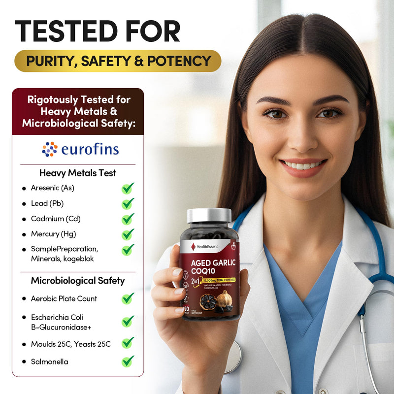 HealthEssent Aged Black Garlic 15,000mg Blood Pressure Support with CoQ10 | 120 Capsules, 4 Month Supply | Odourless Fermented Aged Garlic Extract | 100:1 Dual Complex | Vegan, Non-GMO, GMP Quality