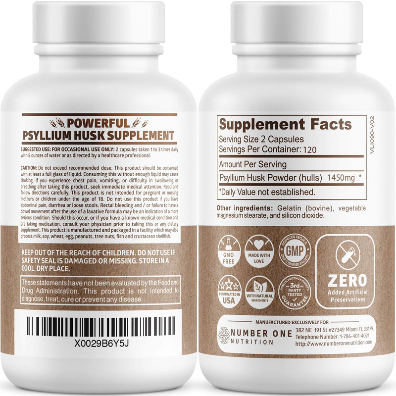 [Australia] - N1N Premium Psyllium Husk Capsules [All Natural,1450 MG] Powerful Soluble Fiber Supplement to Support Regularity and Digestive Health, 240 Caps 