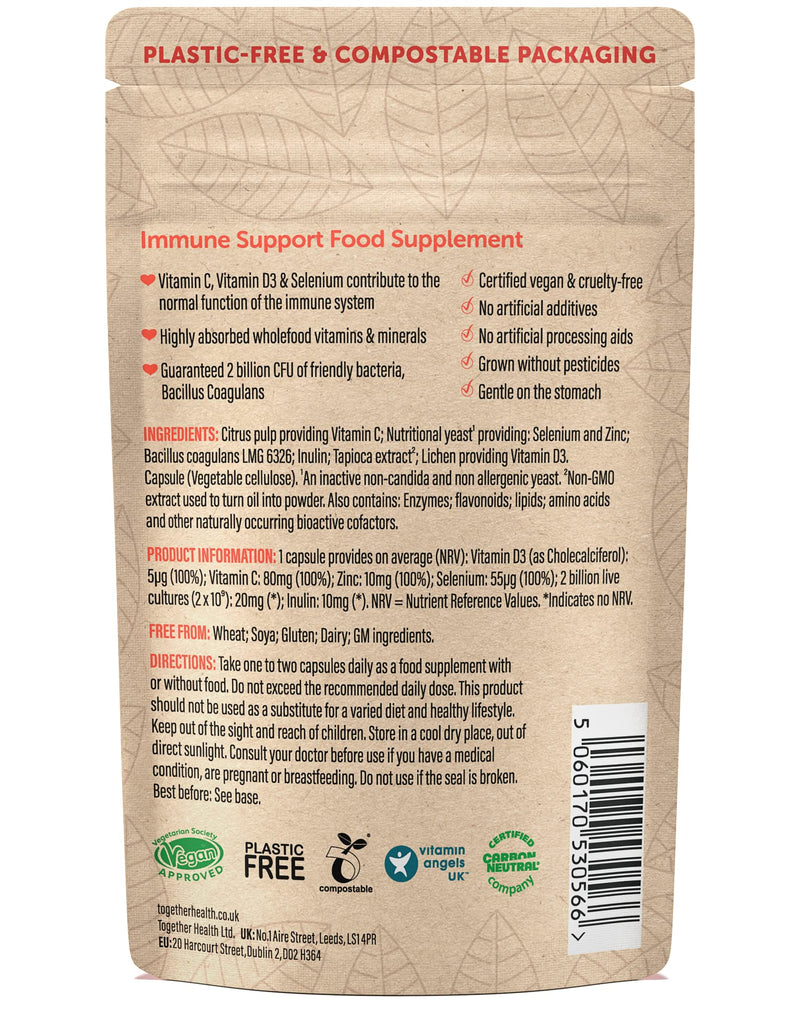 Immune Support Supplement – Together Health – Whole Food Nutrients – Vitamin C, Zinc, Selenium & Live Bacteria – Vegan Friendly – Made in The UK – 30 Vegecaps 1 count (Pack of 30)