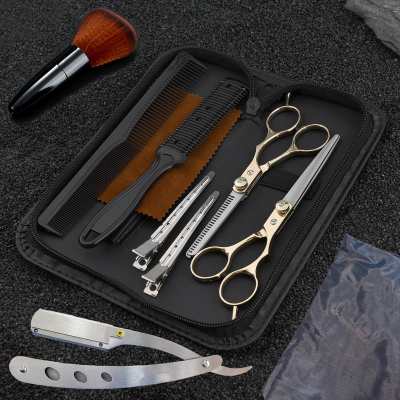 Hair Scissors Blending Shears Set, Fcysy 11 Pcs Professional Haircutting Thinning Shears Barber Kit, Salon Haircut Layering Scissors for Cutting Hair for Men Women Dogs 11pcs Gold