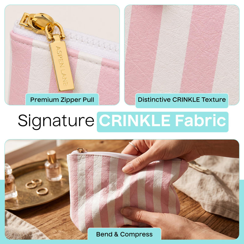 Preppy Stripe Crinkle Makeup Bag Set of 5 Travel Cosmetic Bags | Pink and White, 6 x 9 x 3 in, Crinkle & stripe design, waterproof fabric, generous capacity, gift for women