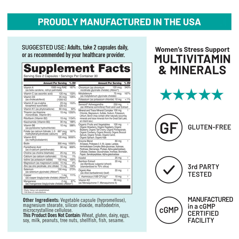 NatureWise Multivitamin for Women + Stress Support with Organic Whole Foods & Natural Minerals - B-Complex + Vitamin C + D3 K2 for Immunity, Hair, Skin & Nails - Non-GMO - 60 Capsules[30-Day Supply] 60 Count (Pack of 1) Probiotics