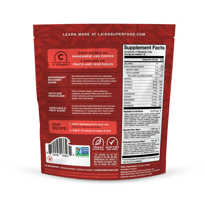 [Australia] - Laird Superfood Antioxident Daily Reds Powder, Free Radical Fighting Blend, Vitamin C, Manganese, 2 Servings of Fruits and Vegetables Per Serving, 14.8oz Bag (30 Servings) 