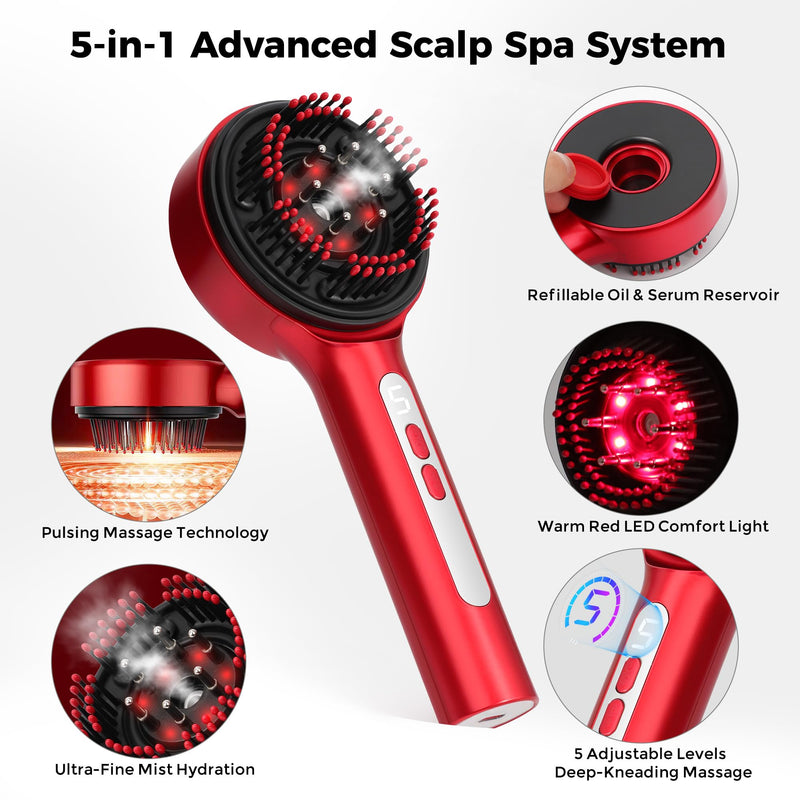 Cordless Electric Scalp Care Comb with Refillable Mist Reservoir, 72 Flexible 3D Comb Tips, 5 Intensity Levels, USB-C Rechargeable Portable Hair Care Tool for Home and Travel Red