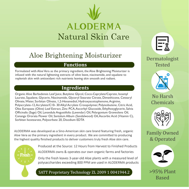 Aloderma Brightening Face Moisturizer 75% Organic Aloe, Niacinamide 3.5 oz | Lightweight daily lotion for dull and tired skin. Features squalane & vitamin C to even texture and tone safely day or night