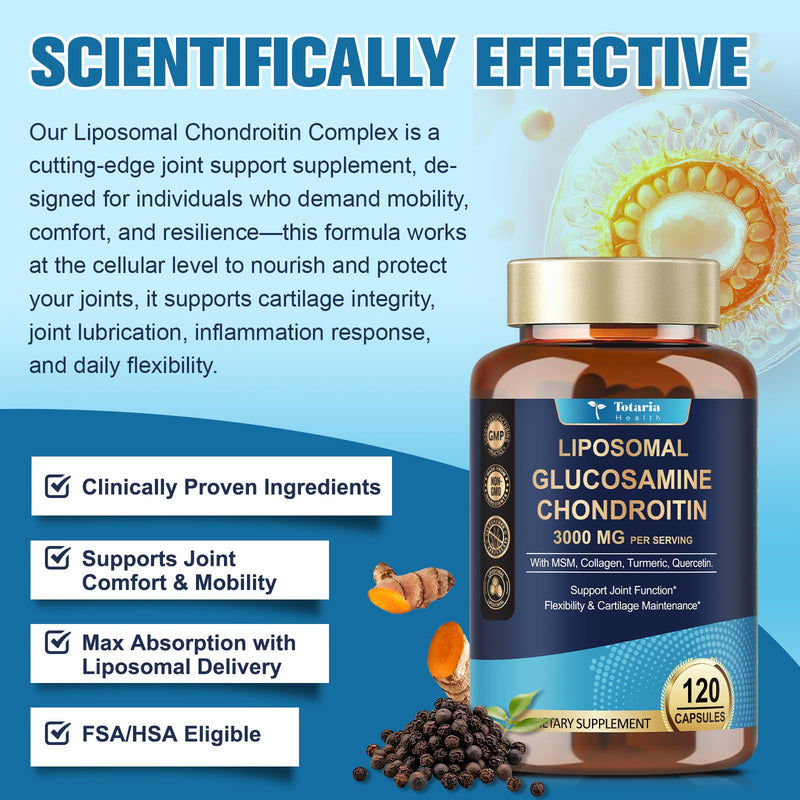 [Australia] - 12 in 1 Liposomal Glucosamine Chondroitin MSM Collagen 3000MG, FSA-HSA Items Only List for Men & Woman Supplement, Flexibility & Cartilage Maintenance, Non-GMO, CGMP, Gluten-Free 120 Count (Pack of 1) 