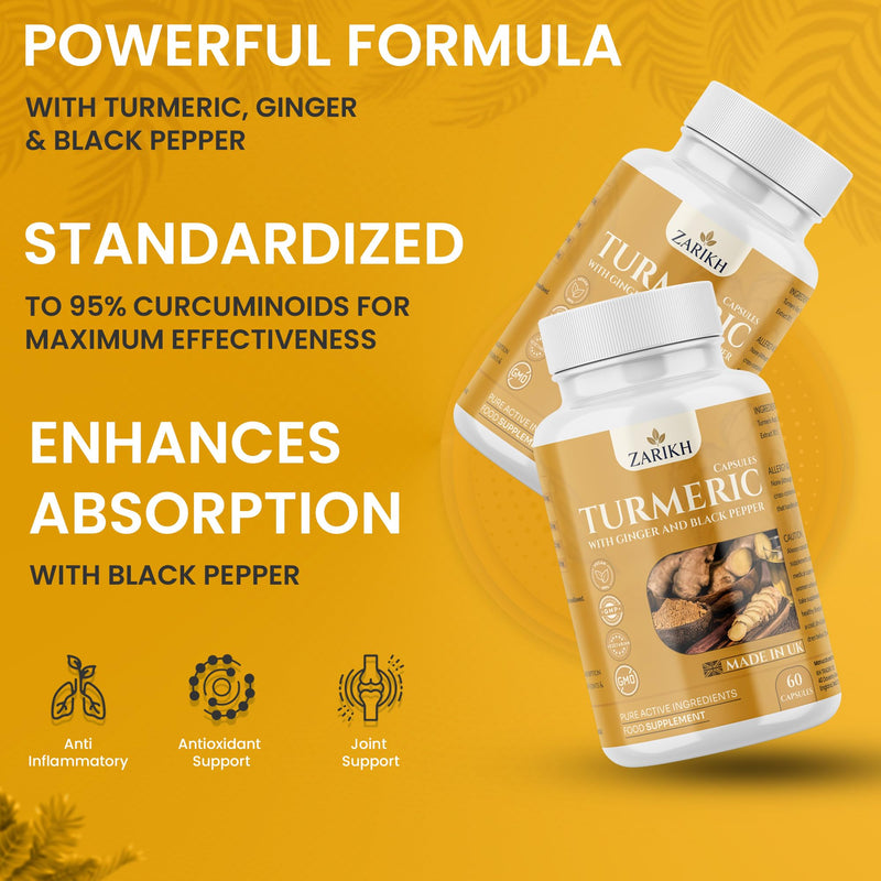 High Strength Turmeric and Black Pepper Capsules with Ginger Root | Supports Joint, Immune, Gut & Kidney Health | Anti Inflammatory Turmeric Supplement | 60 Vegan Turmeric Capsules | UK Made