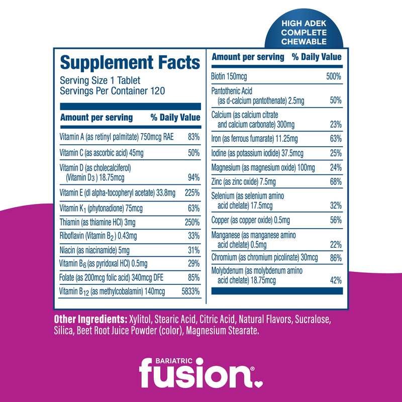 Bariatric Fusion Chewable Multivitamin with High ADEK Vitamins | Multi for Duodenal Switch Patients | Mixed Berry Flavored Tablets | with Iron and Calcium | One Month Supply