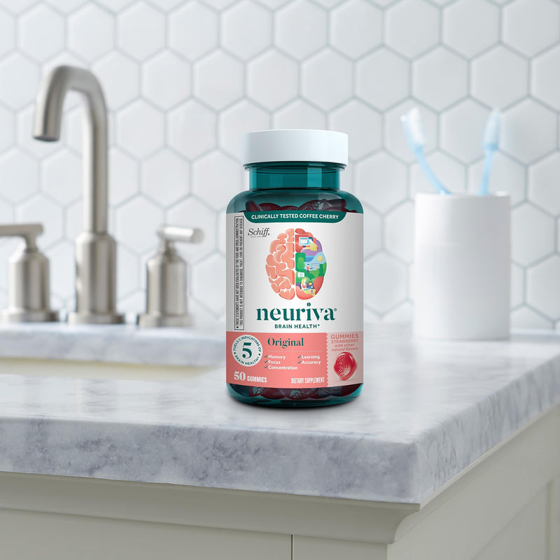 NEURIVA Original Brain Supplements for Memory and Focus, Clinically Tested Nootropics Phosphatidylserine and Neurofactor, Caffeine Free, 50ct Strawberry Gummies | Brain Supplements for Memory and Focus, Phosphatidylserine, Neurofactor, Decaffeinated No...