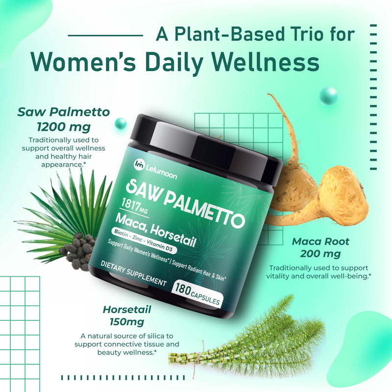 Premium Saw Palmetto 1817 mg with Maca, Shatavari, Biotin, Zinc & Vitamin D3 – Supports Women’s Wellness, Hair & Skin Health – 180 Capsules 180 count (pack of 1)