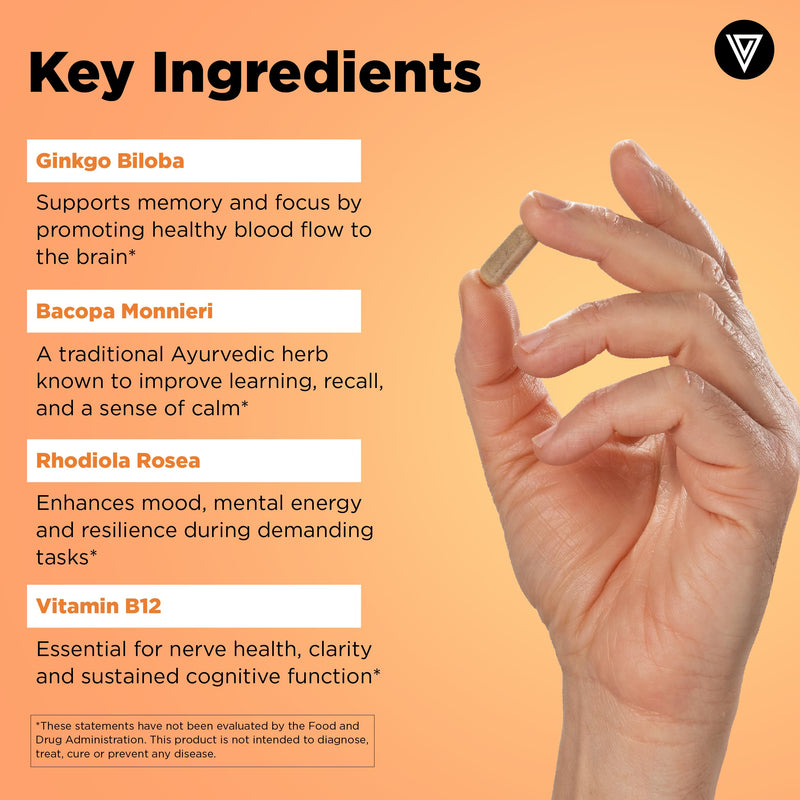 Vital Vitamins Brain Booster Supplements for Memory and Focus, 30 Capsules | Brain Health Support for Adults and Seniors with Bacopa Monnieri & Ginkgo Biloba, Non-GMO, Caffeine-Free & Stimulant-Free 30 Count (Pack of 1)