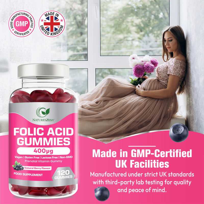 Folic Acid Gummies 400μg – 120 Chewable Gummies- High Strength Prenatal Vitamins for Women, Conception & Pregnancy Support |Vegan, Non-GMO | Fertility Supplements for Women | Natural Berry Flavour