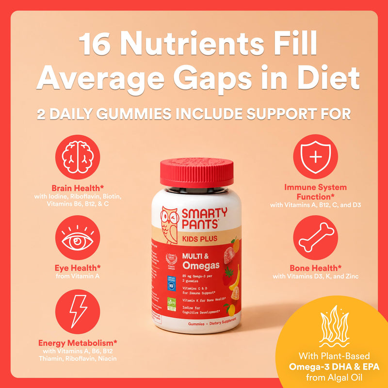 SmartyPants Kids Multivitamin Gummies with Omega 3 DHA/EPA, Vitamins D3, C, B12, B6, A, K, and Zinc, Gluten Free, Clean Label, Three Fruit Flavors, 60 Gummies (30 Day Supply) 1 Count (Pack of 1) Three Fruit - 30 Day Supply