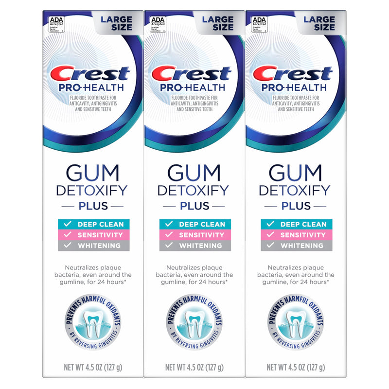 Crest Pro-Health Gum Detoxify Plus Toothpaste 4.5 oz Pack of 3 - Antibacterial Fluoride Toothpaste, Sensitivity Protection, Whitens Teeth, Anticavity, Plaque Control 4.5 Fl Oz (Pack of 3)