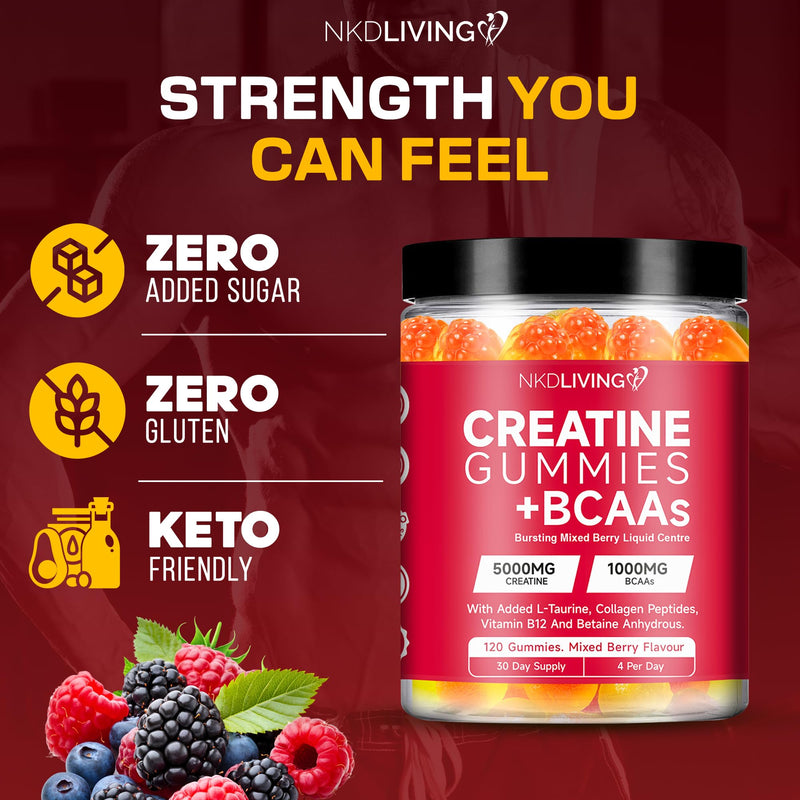 NKD Livng All-in-One Creatine Gummies - Mixed Berry Liquid Centre (120 Gummies)- 5g Creatine – BCAA 1000mg, L-Taurine, Collagen & B12 – Boost Muscle Strength. Chewable Pre-Workout Supplement