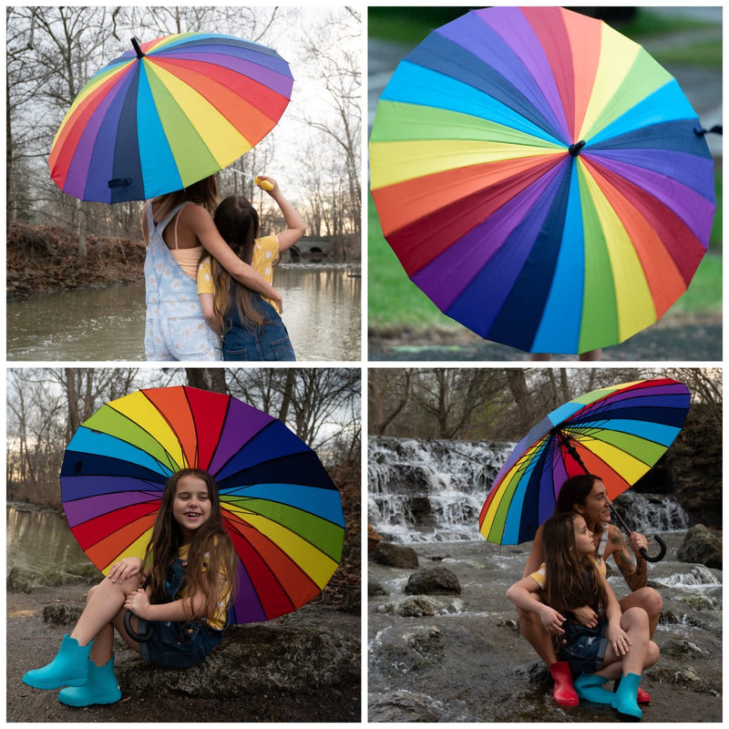 totes Large Eco Auto-Open 24 Rib Stick Umbrella with a Classic J Hook Curved Handle and water repellant One Size Bright Rainbow