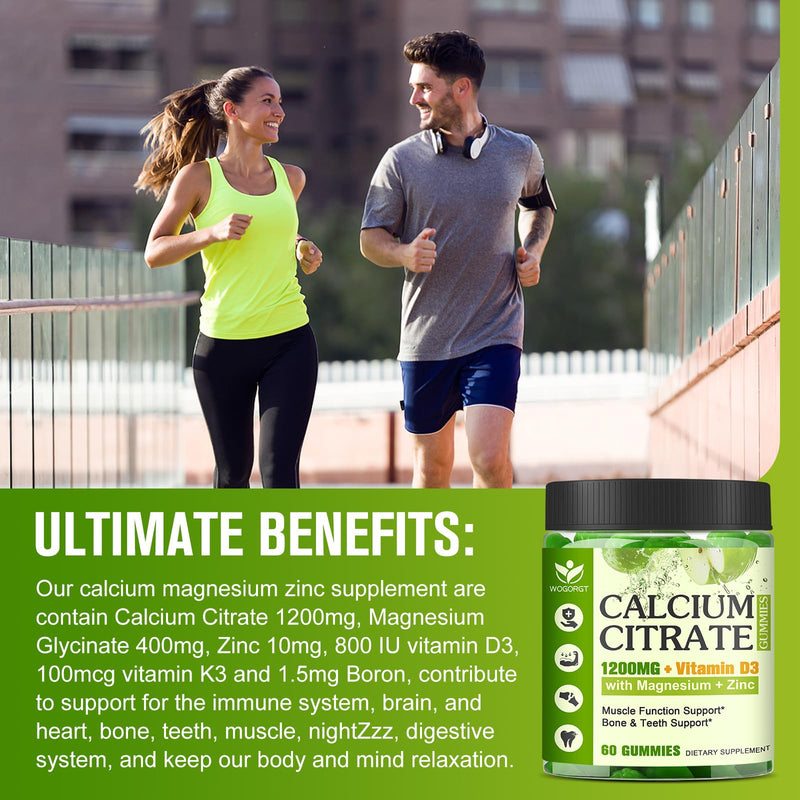 Calcium Citrate 1200mg with Vitamin D3 for Women, Bone, Teeth Support, 60Ct | WOGORGT - Chewable Calcium Citrate Gummies with Magnesium, Zinc, D3, K2, Daily Wellness Support for Women & Men, Apple Flavor 60 Count (Pack of 1)