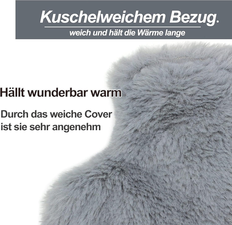 [Australia] - OWOZOI hot water bottle with fluffy cover, hot water bottle with hand warmer, kangaroo pockets, cuddly soft cover, hot water bottles, large, 2 liters, natural rubber for women, men, girls, bed bottle, dark grey 
