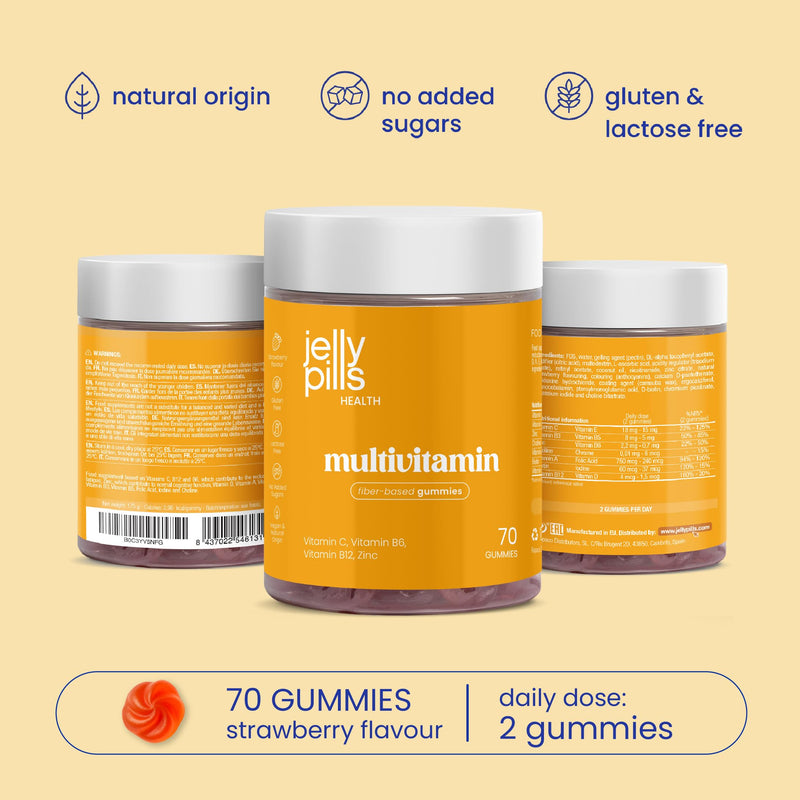 Jelly Pills Multivitamin Gummies for Adults - with Vitamins A, B, C, D, E and Zinc - 70 Vegan Gummies - No Added Sugar - Strawberry Flavour - Energy & Immune System