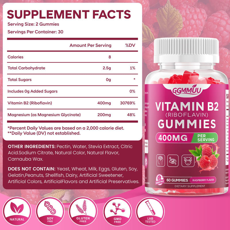 2 Pack Vitamin B2 400mg Gummies with Magnesium, Raspberry, 120 Count | High-Potency Riboflavin with Magnesium for Head Comfort, Energy & Nervous System Support, Sugar Free, Vegan, Non-GMO 60 Count (Pack of 2)