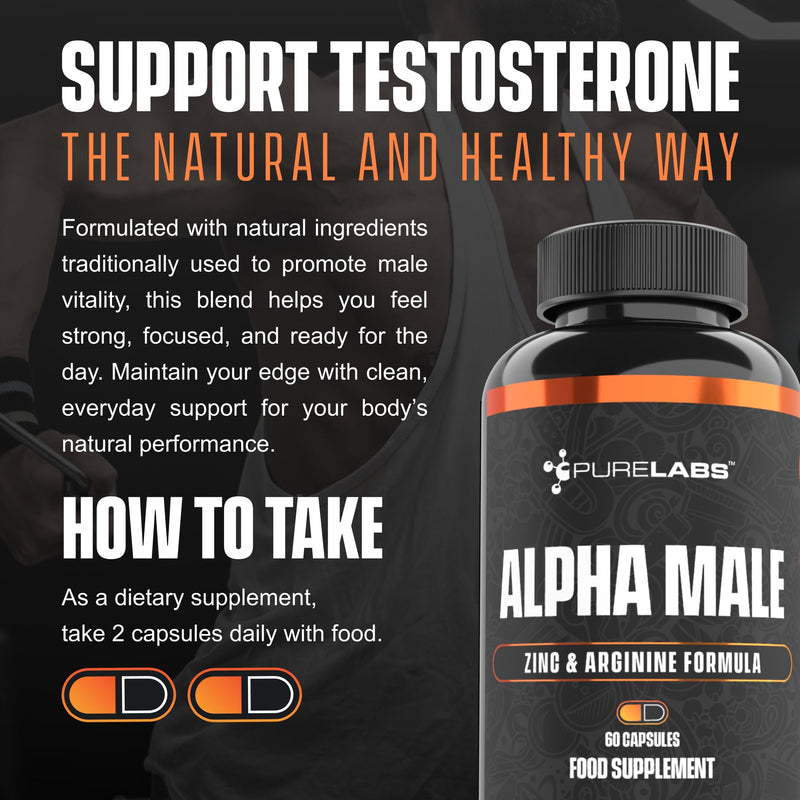 Alpha Male Testosterone Support for Men – 60 Capsules – High Strength Vitality & Muscle Support Supplement with Tribulus, Zinc & Vitamin D3 – Maintain Normal Testosterone Levels & Energy – Pure Labs