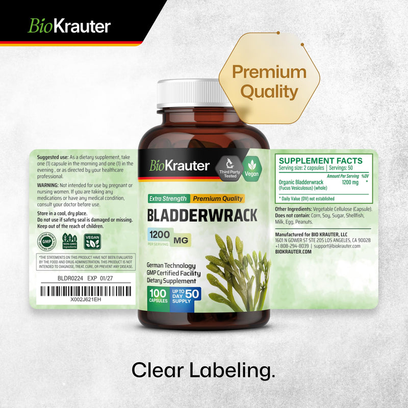 [Australia] - Bladderwrack Capsules - Premium Vegan Supplement - Potent Formula from Natural Marine Source of Iodine - 1200 mg per Serving - 100 Veggie Capsules 
