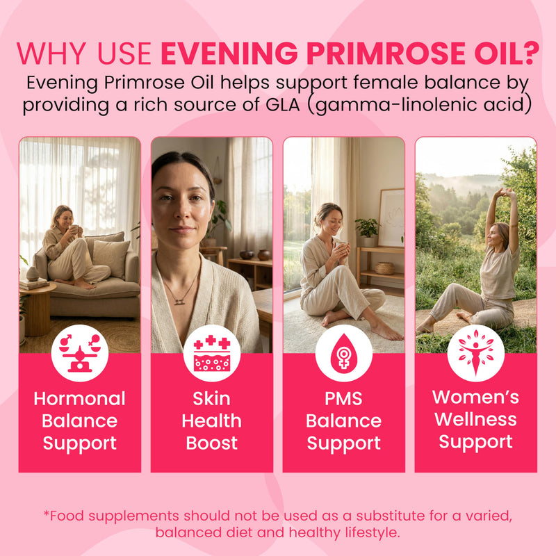 Evening Primrose Oil Gummies 1000mg – High Strength Supplement for Hormonal Balance, PMS & Menopause Support - Rich in Omega 6 Fatty Acids for Hair, Skin & Nails - Strawberry Flavour - 30 Day Supply