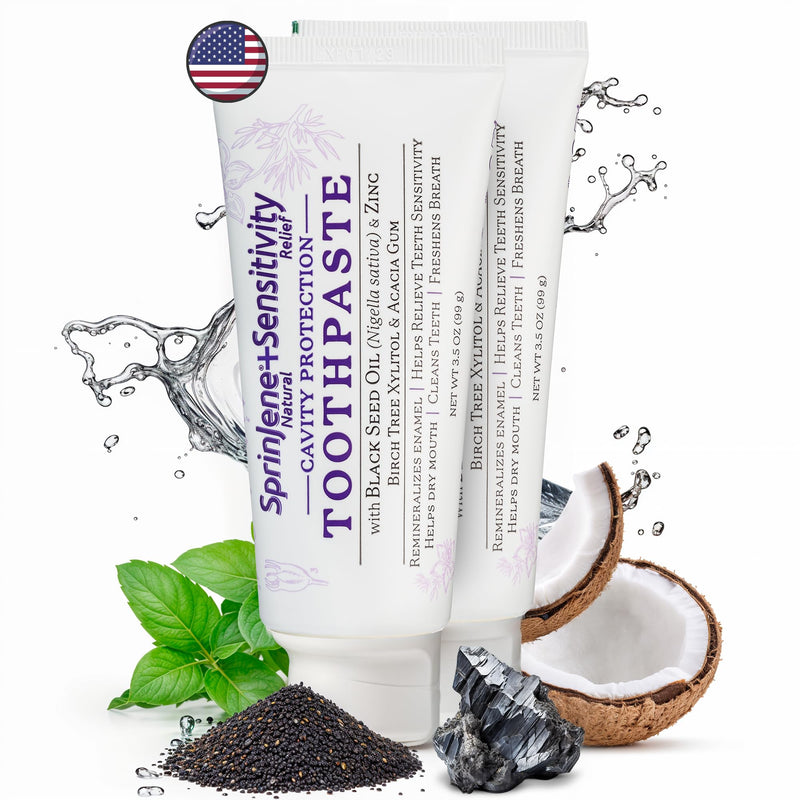 SprinJene Natural Sensitivity Relief Toothpaste – Fluoride Toothpaste for Sensitive Teeth & Cavity Protection – SLS Free with Patented Black Seed Oil & Zinc – Made in The USA (2 Pack) Mint - Sensitivity Relief Cavity Protection Pack of 2