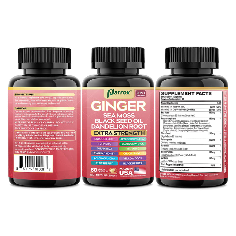Ginger Sea Moss Herbal Supplement, 16-in-1 Black Seed Oil & ACV, 3 Pack | Black Seed Oil, Ashwagandha, Turmeric, Bladderwrack, Burdock, Vitamins C & D3, Elderberry, Manuka, ACV 60 Count (Pack of 3)