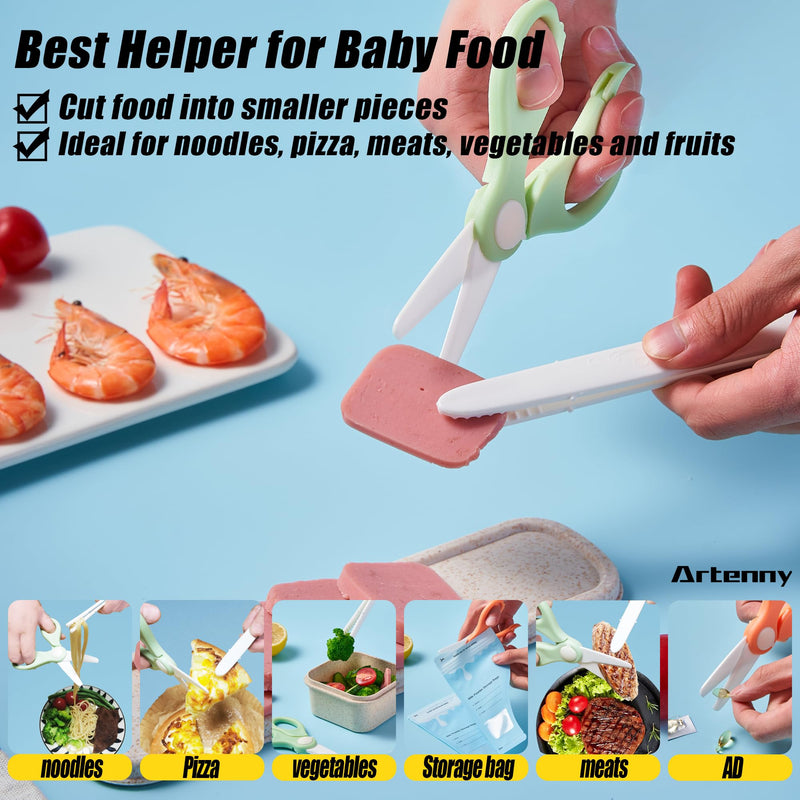 [Australia] - Baby Food Scissors with Travel Case and Tongs Set, Fully Detachable Ceramic Kids Food Scissors with Safety Lock, Dishwasher Safe, Ideal for Noodles, Meats, Vegetables, Pizza and Fruits (A) Green 
