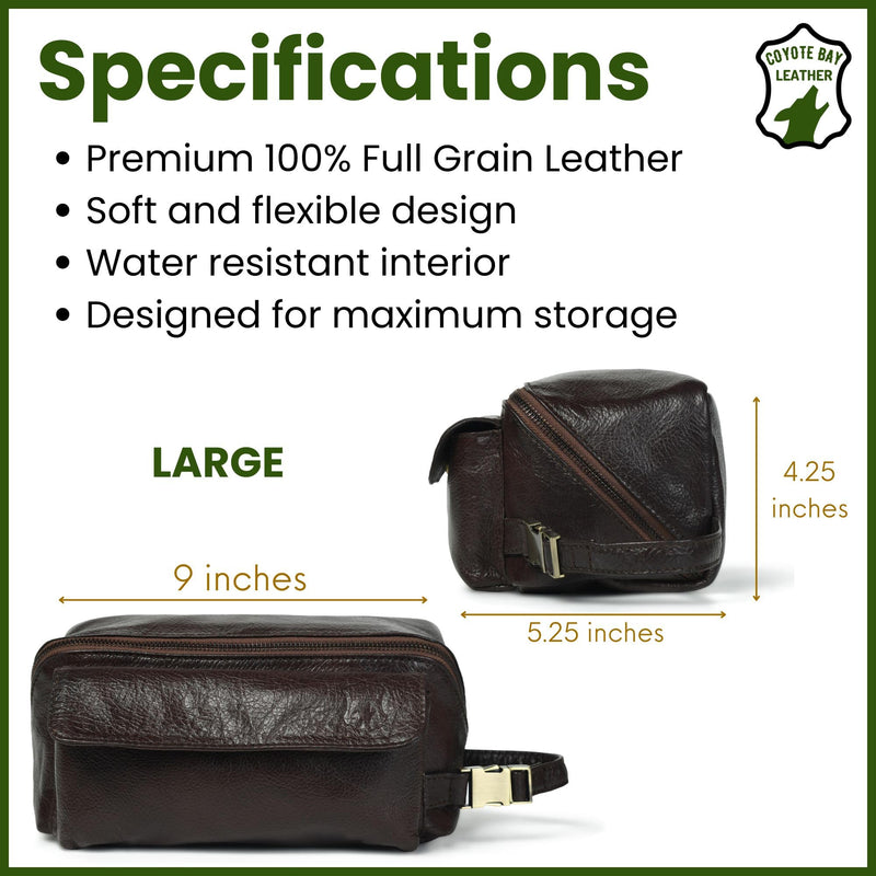 Coyote Bay® Flypouch Premium Full Grain Soft Leather Toiletry Bag, Large 9 Inch, Makeup Bag, Travel Organizer Pouch, Shaving Kit, Cosmetics Toiletry Bathroom Organizer (Brown, Large) Brown
