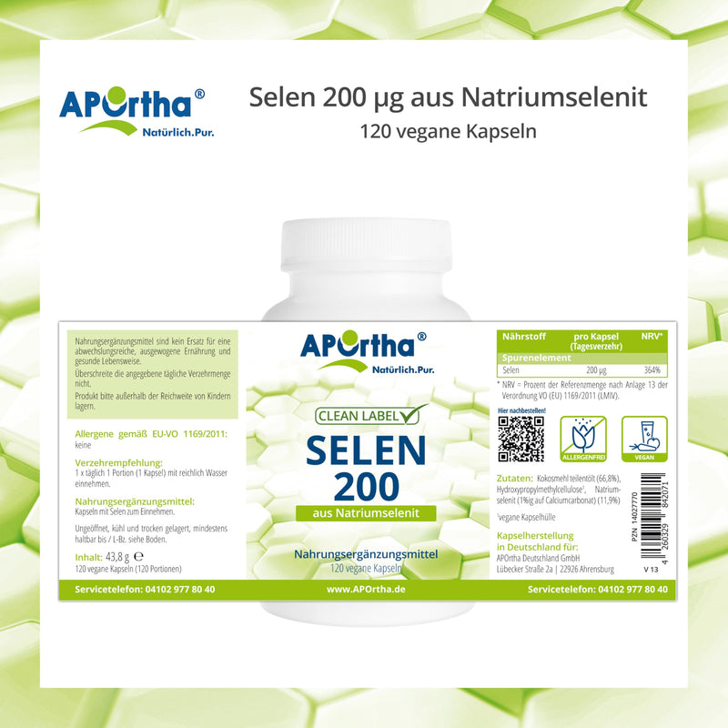 [Australia] - APOrtha® Selenium, 120 vegan capsules with 200µg each made of sodium selenite, high dosage and easy to swallow, allergen-free, vegan, gluten-free, alternative to drops and tablets 