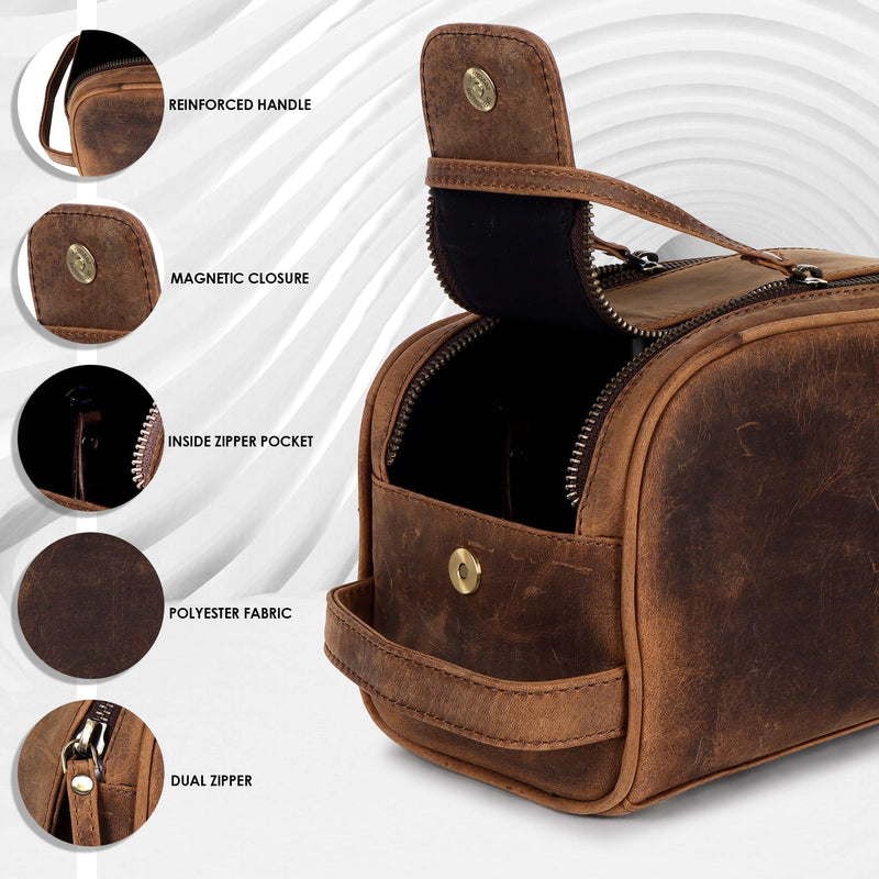TRISKY Men's Leather Travel Toiletry Bag- Leather Dop Kit For Men & Women With Water Resistant Lining, King-size Handcrafted Bathroom Bag For Men- Tan Brown