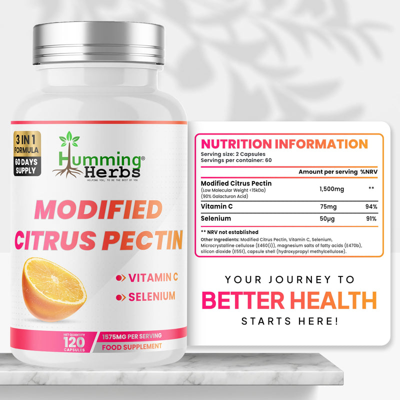Humming Herbs Modified Citrus Pectin 1500 mg per Serving with Vitamin C & Selenium | 120 Vegan Capsules | 60 Day Supply