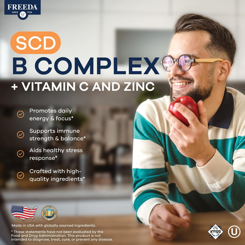 FREEDA Vitamin B Complex with Vitamin C & Zinc – 180 Capsules | Supports Energy & Metabolism with Active B12, Methylfolate, B1–B6, Biotin, Choline - Vegan, Kosher, SCD Legal 180 Count (Pack of 1)