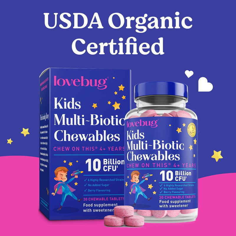 Lovebug Kids Probiotic Chewables - 10 Billion CFU with Prebiotics - Friendly Bio Cultures for Children & Toddlers (Age 4+) - 30 Chewable Berry Flavour Tablets - Gentle Support for Childrens Gut Health 30 count (Pack of 1)