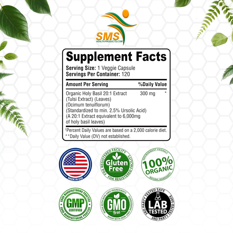 [Australia] - Organic Holy Basil 20:1 Extract, Max Potency, 2.5% Ursolic Acid, 120 Vegan Capsules, 4-Month Supply, Concentrated & Standardized 20X Tulsi Extract, 100% Certified Organic, Non-GMO 