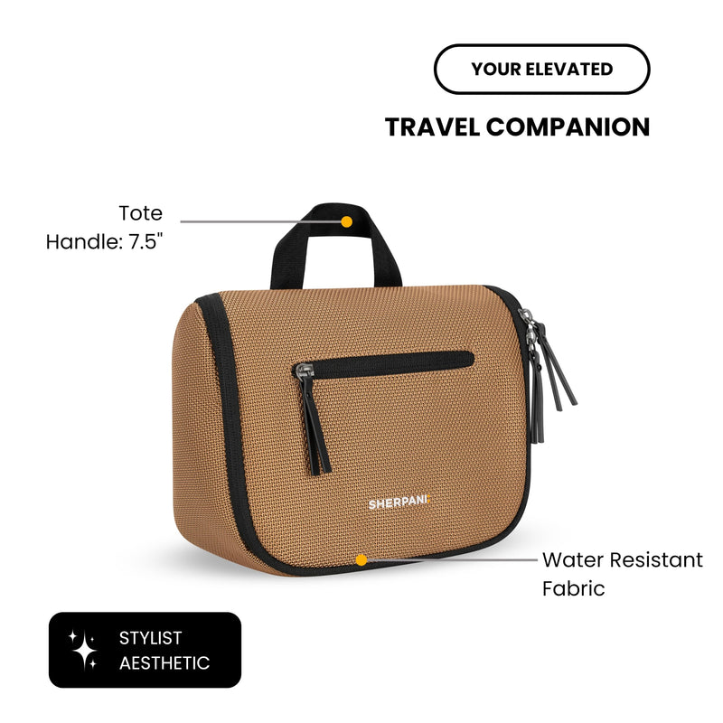 Sherpani Co-Pilot, Toiletry Bag, Hanging Cosmetic Organizer (Sand) | Hygiene Pouch with Hanging Hook, Water Resistant Makeup Bag, Shower Dopp Kit, Essentials Toiletries, Women Travel Gift One Size Sand