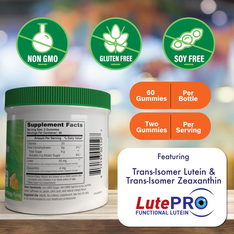 Health Thru Nutrition Lutein + Zeaxanthin Gummies | All-Trans Form | 20mg Lutein & 4mg Zeaxanthin Trans-isomers | Golden Mango Flavor | Eye Support | Non-GMO, Vegan| 60 Gummies
