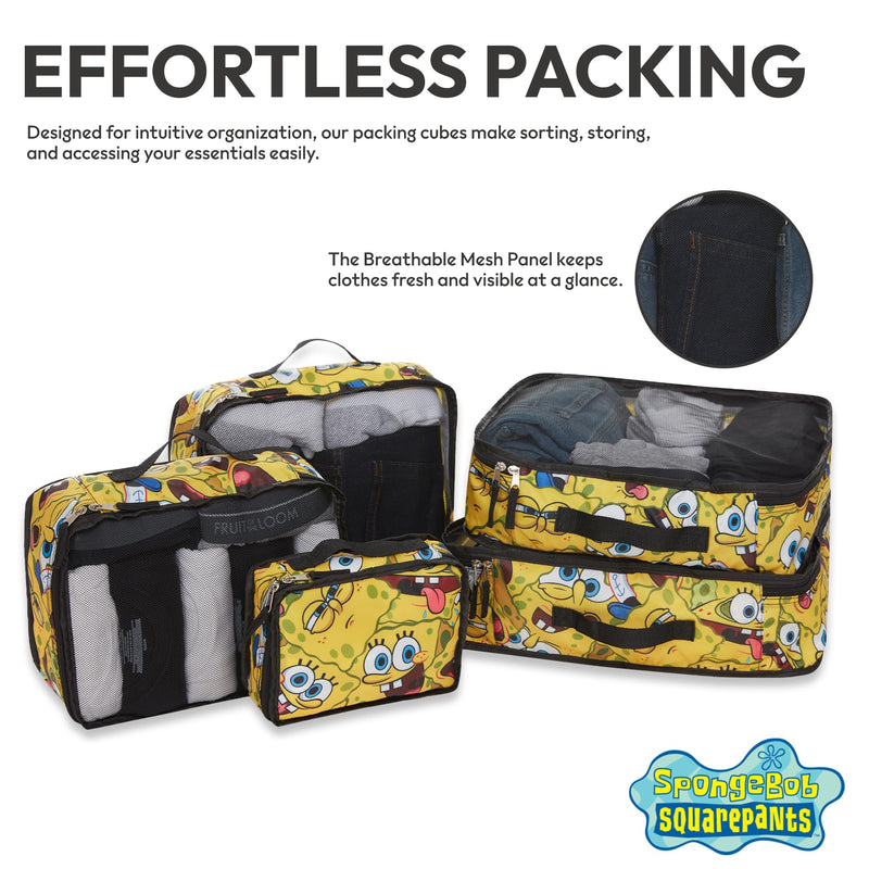 SpongeBob SquarePants Packing Cubes - Patrick Mr Krabs 5 Piece Travel Luggage Organizer Suitcase Accessories for Kids Teens Adults - Nickelodeon Licensed Gift Set