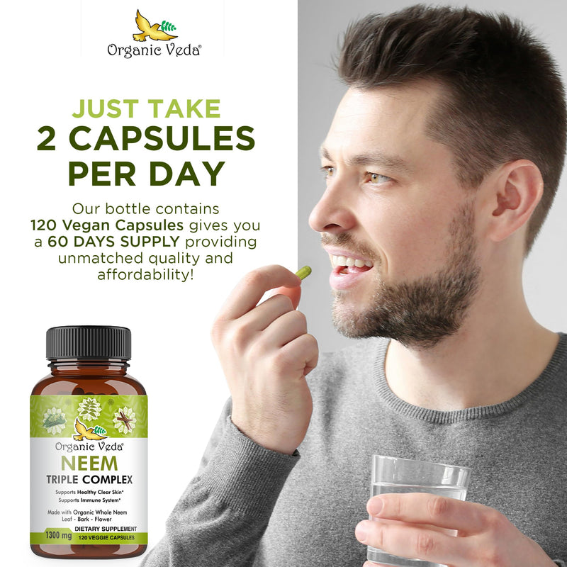 [Australia] - Organic Veda Neem Capsules with Triple Complex Neem Leaf Extract, Bark & Flower - Herbal Neem Supplement Boosts Immunity, Improves Digestion, Skin Health & Support Cleansing - 120 Count 