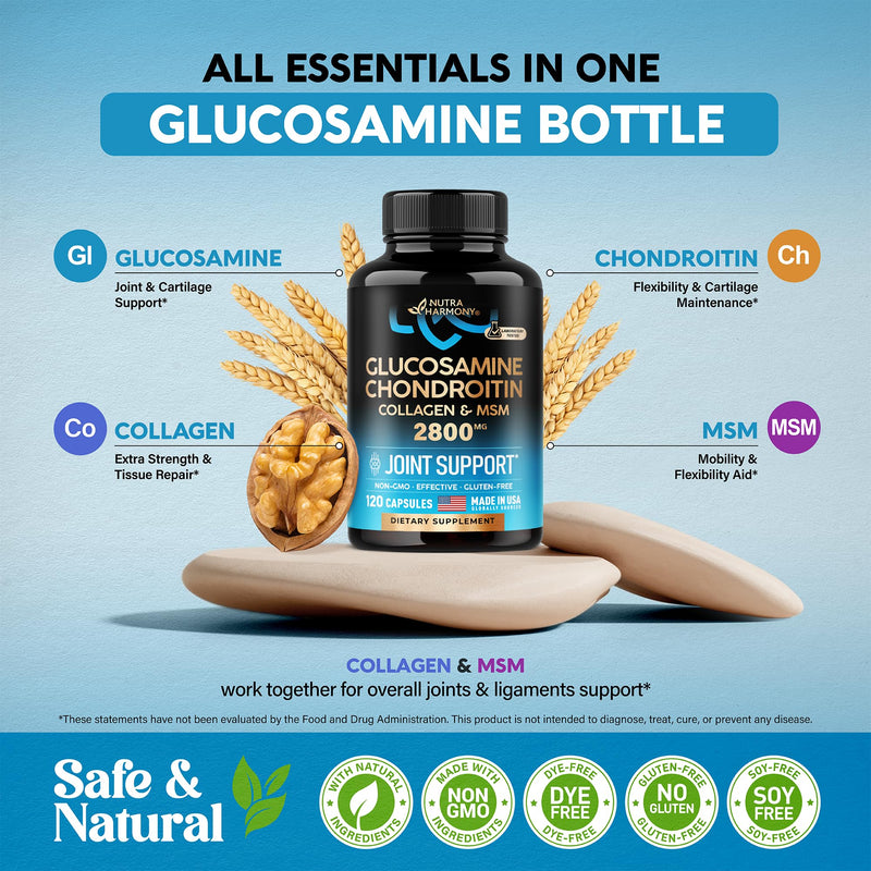 [Australia] - Glucosamine Chondroitin MSM Collagen | FSA HSA Eligible | Joint Support Supplement 2800 mg | Made in USA | FSA Approved Product Items | Flexibility Nutritional Vitamins | For Men & Women, 120 Capsules 120 Count (Pack of 1) 