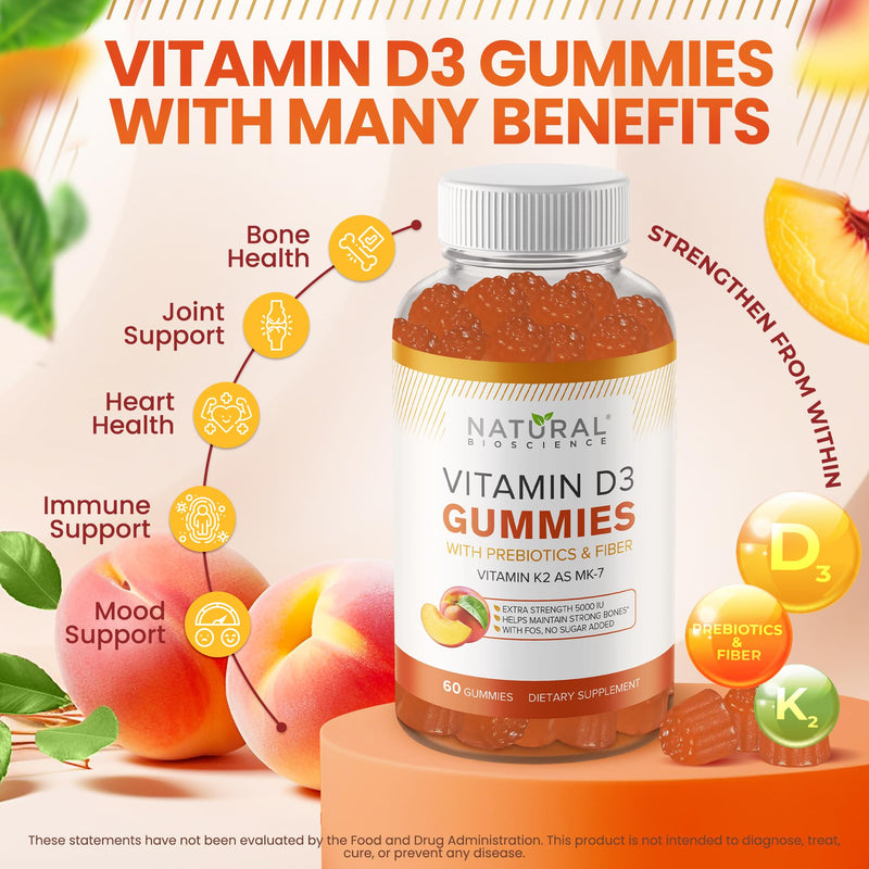Vitamin D3 10000 IU & Vitamin K2 Gummies - Extra Strength, Sugar-Free, High Absorption - Bone, Joint, Immune, Heart, Brain & Mood Support - Non-GMO, Gluten-Free, Fiber-Based with Prebiotics, 30 Count 30 Count (Pack of 1)