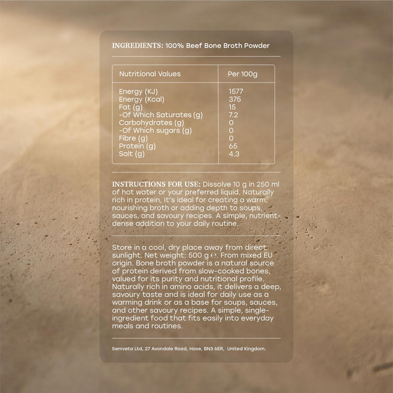 Beef Bone Broth Powder - 500g - Grass Fed EU Origin - Bone Broth Collagen Protein Powder - Muscle Growth, Bone Health and Skin Quality