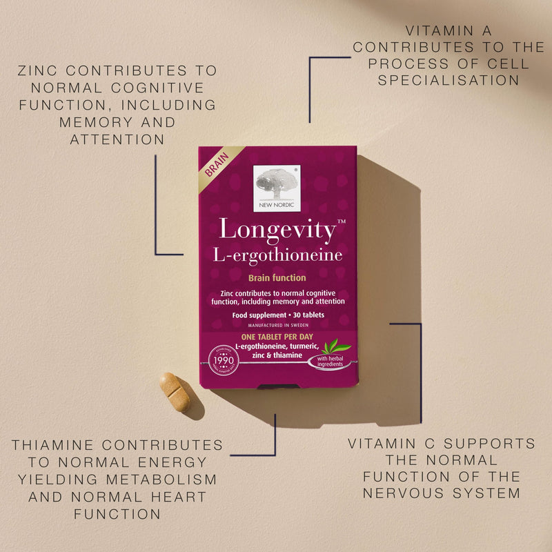 New Nordic Longevity L-Ergothioneine Tablets, Antioxidant with Vitamins & Minerals, Cognitive & Cell Support, 30 Tablet