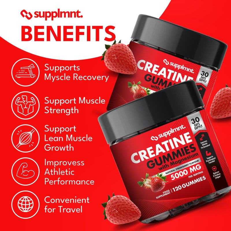 Supplmnt. Creatine Gummies 5000mg 120ct Max Strength Muscle Growth Recovery Supplements for Men & Women Creatine Monohydrate with Magnesium - Vegan Pre Workout Chewable Gummies, 30-Day Supply Strawberry