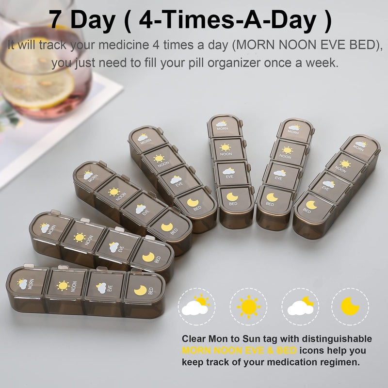 Acedada Pill Organizer 4X A Day, 7 Day Pill Box 4 Times A Day, Brown | Large Weekly Pill Box, Travel Medicine Organizer Case, Easy to Open, Daily Pill Container for Vitamin, Fish Oil, Supplements
