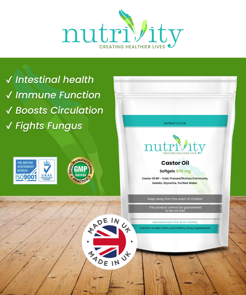 Castor Oil 500mg Soft Gels | Intestinal Help | Constipation Relief | Healthy Hair & Skin | Halal | 4 Months Supply | Made in The UK to GMP Standards by Nutrivity (120) 120 count (Pack of 1)