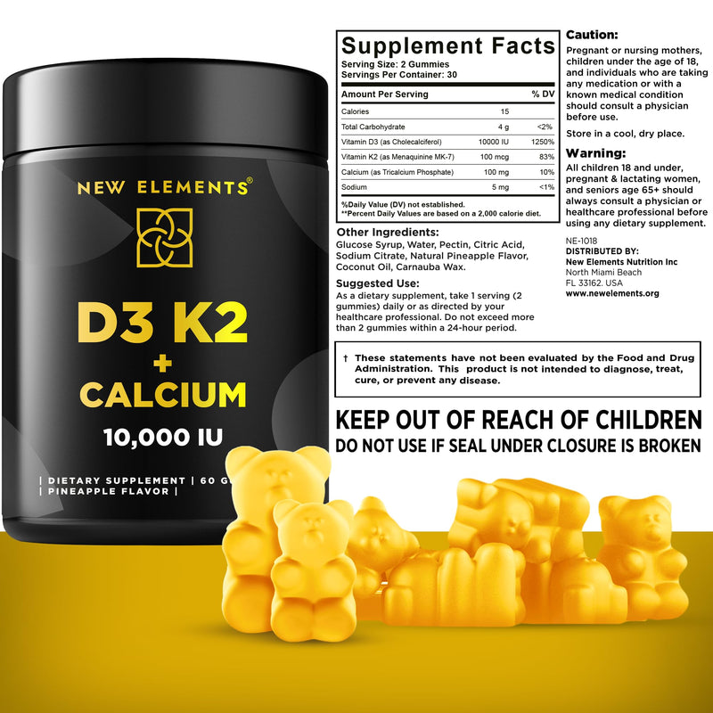 New Elements Vitamin D3 K2 Gummies 10000 IU with Calcium 100mg - VIT D3 for Adults - Mk7 Vitamin K2 100mcg - Vitamin D Supplement for Men & Women - Vegan Gluten Free Non-GMO 60 Count (Pack of 1)