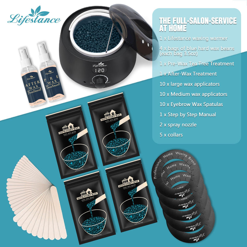 [Australia] - Lifestance Waxing Set Professional, Wax Warmer Wax Hair Removal with 400g Wax, 20 Wax Sticks, 10 Eyebrow Sticks, a Pre- and Post-Treatment Lotion, 5 Paper Rings Digital Body Waxing Set 100 g (Pack of 4) 